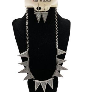 Jade Collection Necklace Earring Set Silver Toned Crushed Rhinestone Triangles